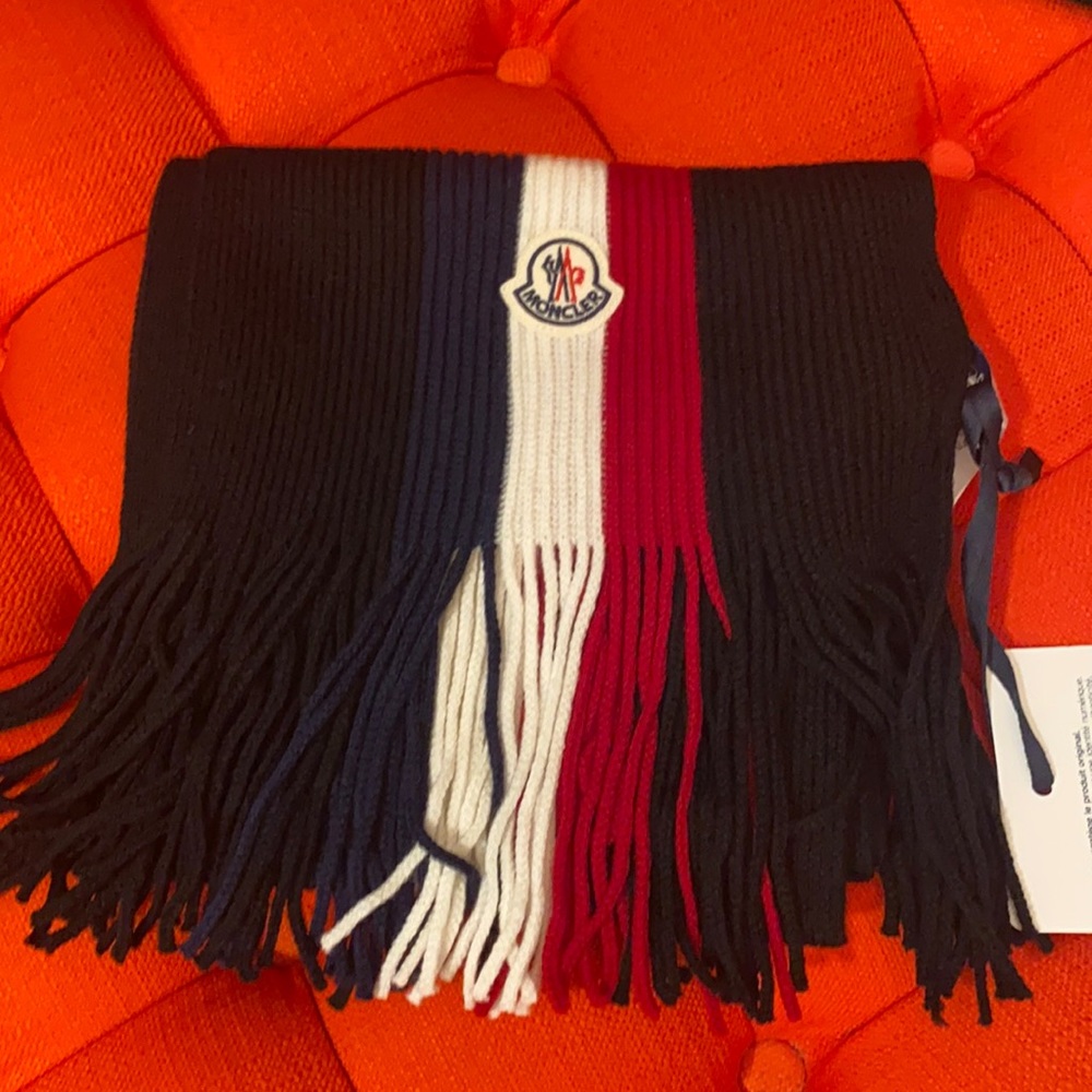Moncler Black Navy White Red Ribbed Fringe Logo Scarf